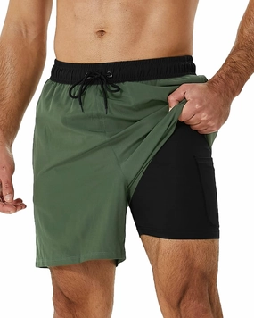 SILKWORLD Mens Swimming Trunks with Compression Liner 2 in 1 Quick-Dry Swim Shorts with Zipper Pockets