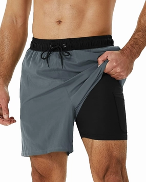 SILKWORLD Mens Swimming Trunks with Compression Liner 2 in 1 Quick-Dry Swim Shorts with Zipper Pockets