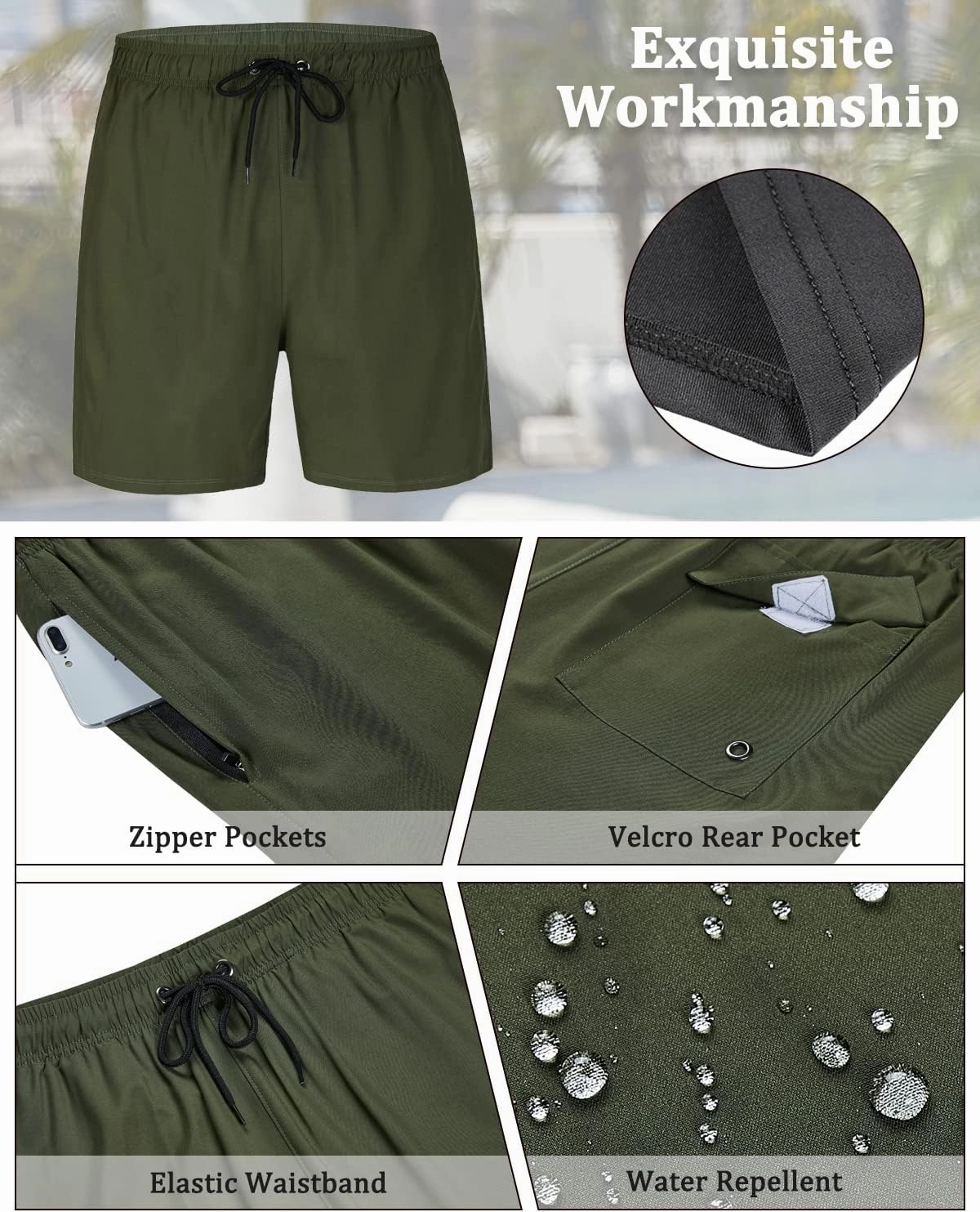 SILKWORLD Mens Swimming Trunks with Compression Liner 2 in 1 Quick-Dry Swim Shorts with Zipper Pockets
