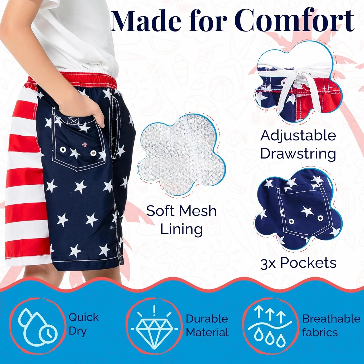 SIX ISLANDS Boys Swim Trunks - Quick-Dry, Comfortable, Ages 5/6 to 18/20 - Fun Patterns, Durable Design Boys Bathing Suit