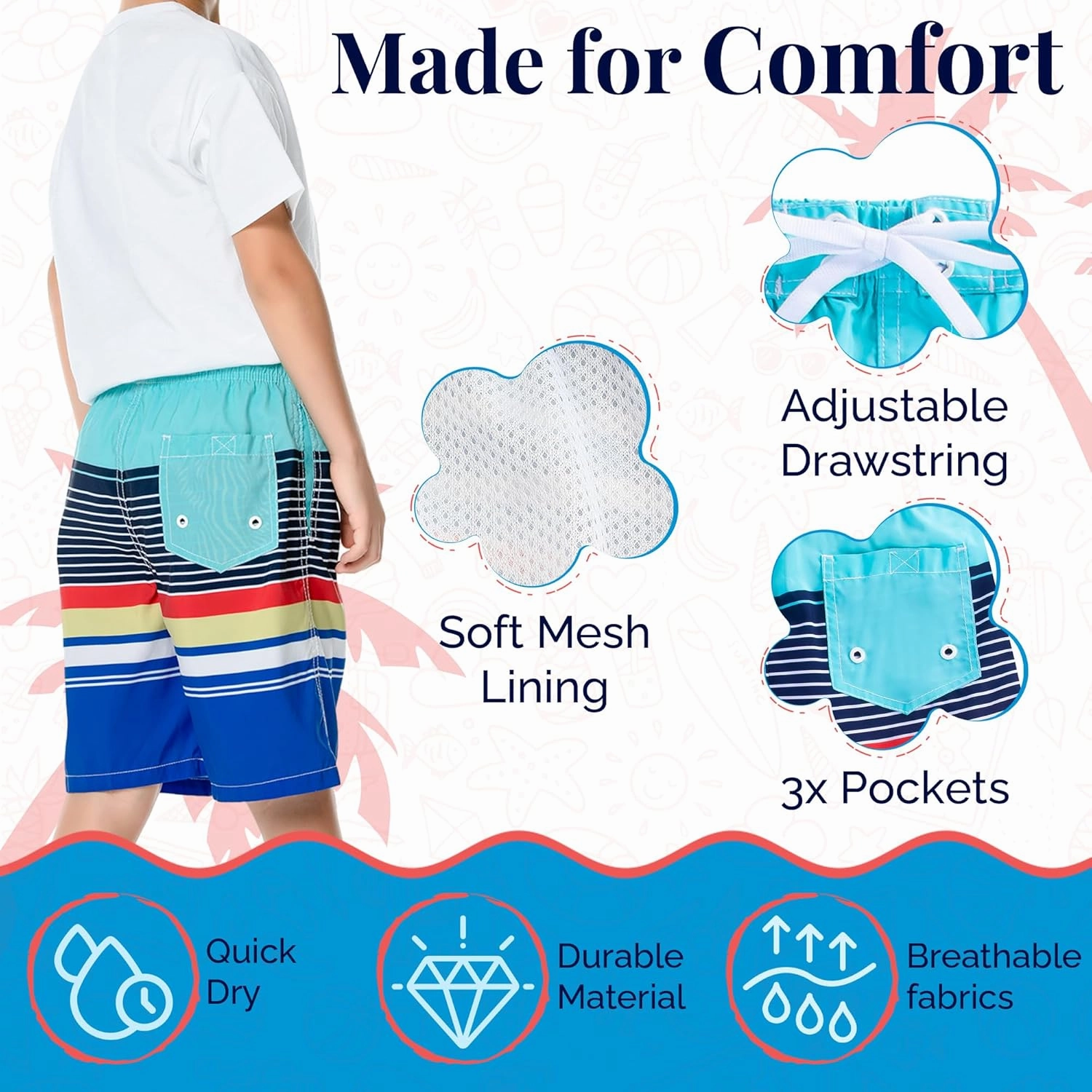 SIX ISLANDS Boys Swim Trunks - Quick-Dry, Comfortable, Ages 5/6 to 18/20 - Fun Patterns, Durable Design Boys Bathing Suit