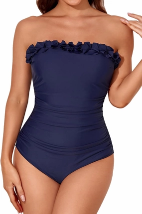 Smismivo Strapless Swimsuits for Women Bandeau One Piece Bathing Suit Tummy Control Swim Suit Vintage Ruched Ruffle Swimwear