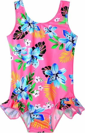 Snowheart Girls Bathing Suit Toddler Swimsuit Girl Hawaiian Floral Ruffle One-Piece Breathable Swimwear 4-10T