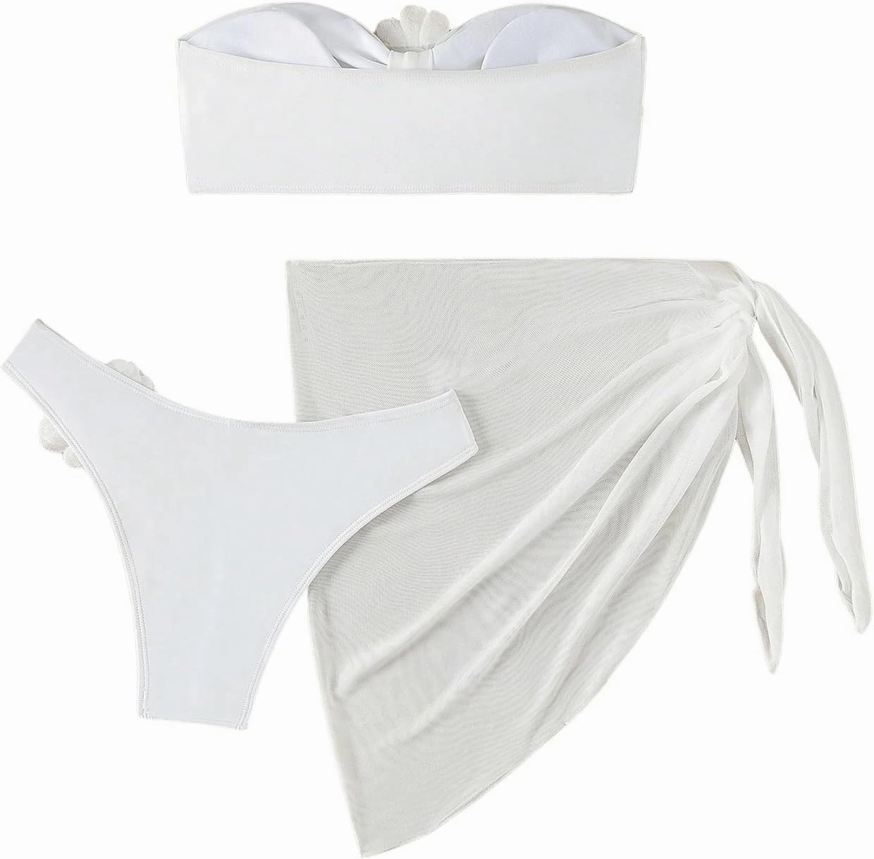 SOLY HUX Women's 3 Piece Swimsuit Floral Appliques Bandeau Bikini Sets Bathing Suit with Beach Skirt