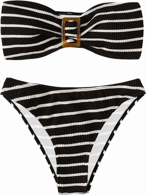 SOLY HUX Women's Striped Print Bandeau Bikini Set Strapless Textured Swimsuits Cheeky Summer Bathing Suits