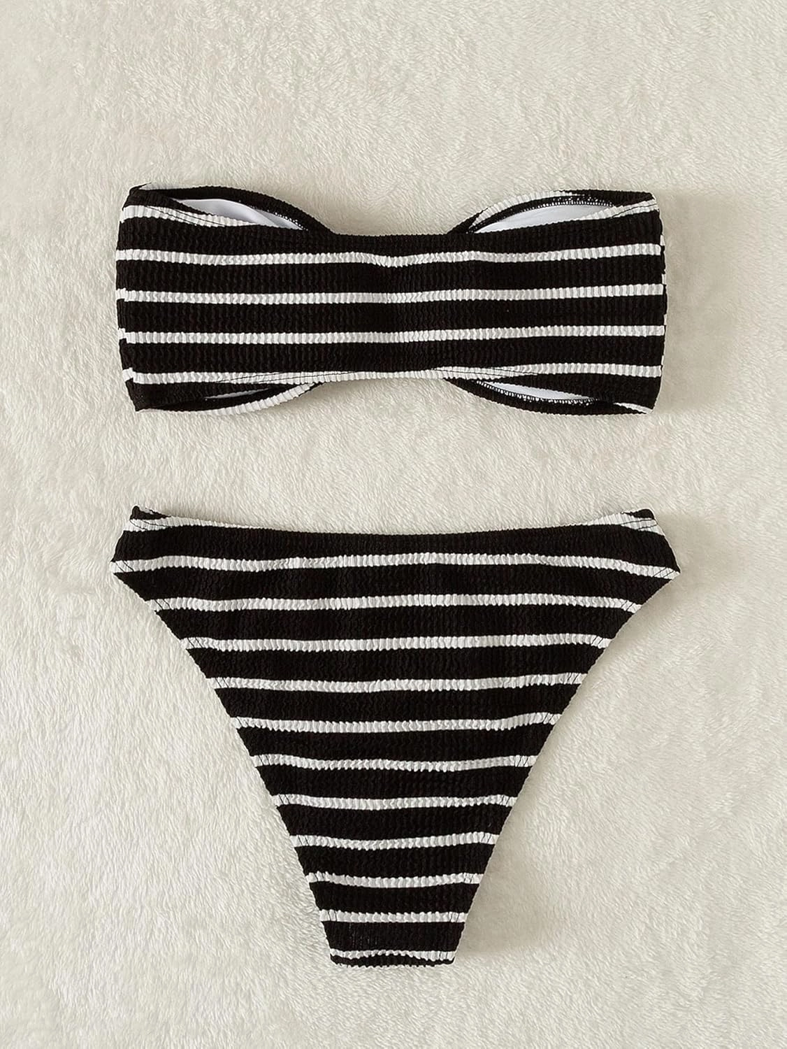 SOLY HUX Women's Striped Print Bandeau Bikini Set Strapless Textured Swimsuits Cheeky Summer Bathing Suits