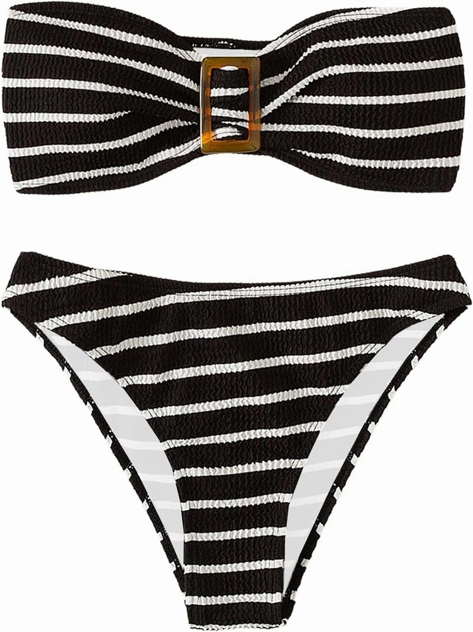 SOLY HUX Women's Striped Print Bandeau Bikini Set Strapless Textured Swimsuits Cheeky Summer Bathing Suits