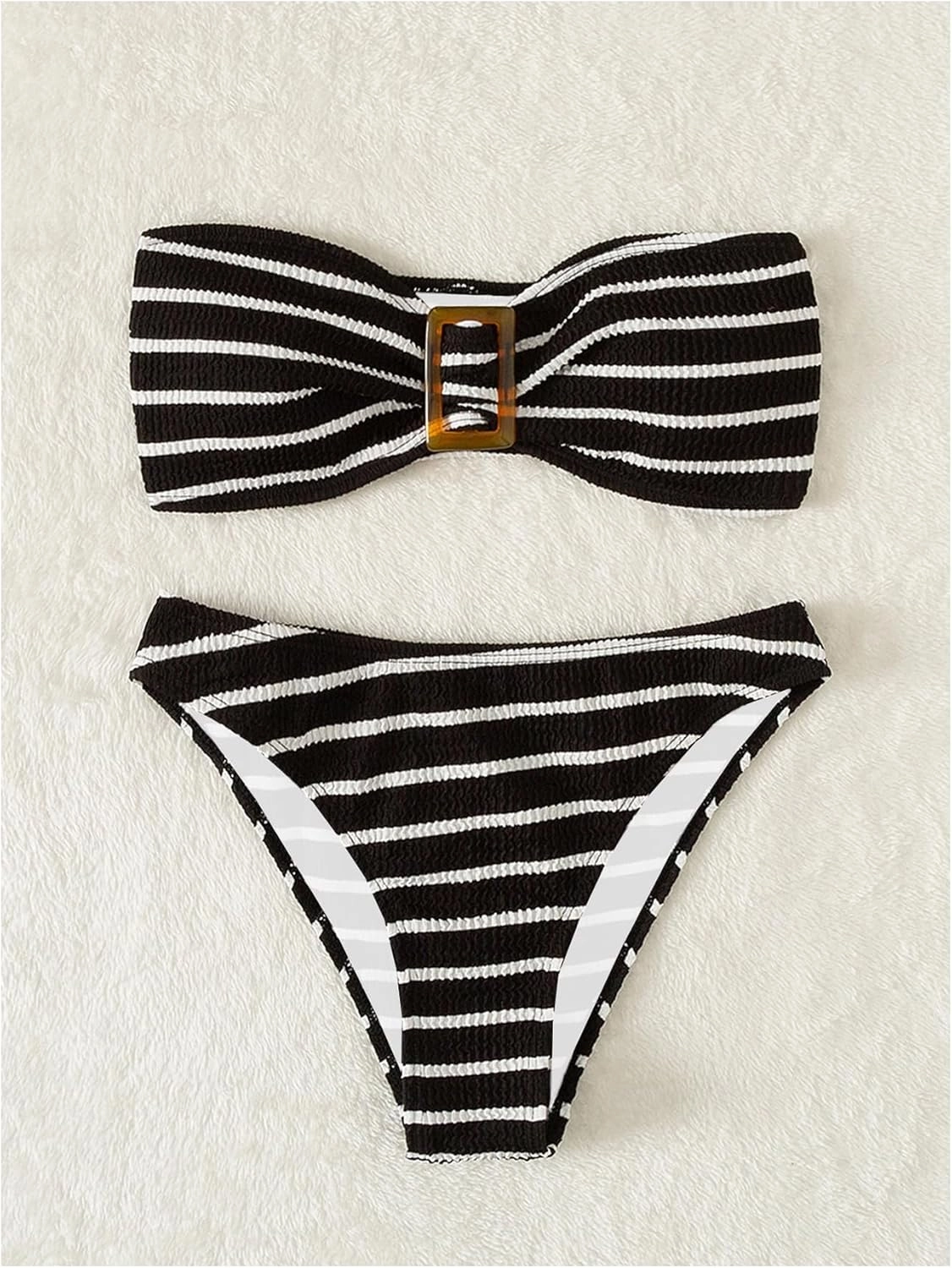 SOLY HUX Women's Striped Print Bandeau Bikini Set Strapless Textured Swimsuits Cheeky Summer Bathing Suits