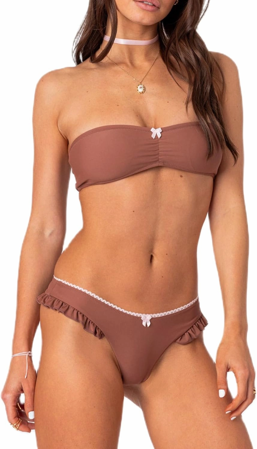 Sunloudy Floral Bandeau Bikini Set for Women Cut Out Strapless Top High Cut Thong Bathing Suits 2 Piece Cheeky Swimsuit