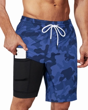 SURF CUZ 9" Mens Swim Trunks with Compression Liner Bathing Suits 2 in 1 Stretch Zipper Pockets Quick Dry