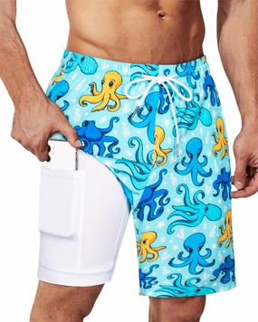 SURF CUZ 9" Mens Swim Trunks with Compression Liner Bathing Suits 2 in 1 Stretch Zipper Pockets Quick Dry