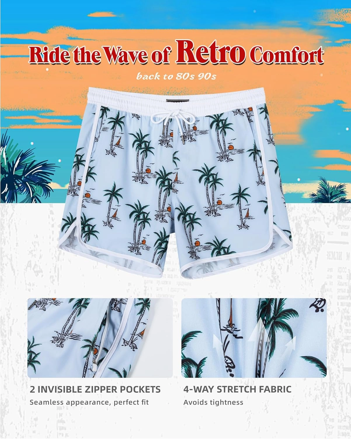 SURF CUZ Mens Swim Trunks with Compression Liner 5" Swimming Trunks 5 Inch Retro Swim Shorts with Zipper Pockets