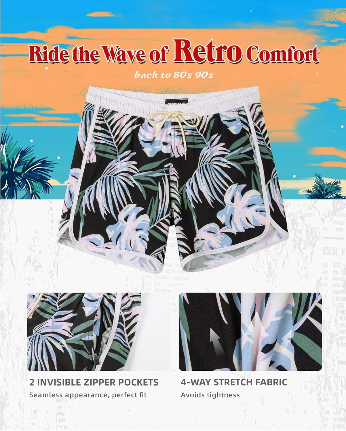 SURF CUZ Mens Swim Trunks with Compression Liner 5" Swimming Trunks 5 Inch Retro Swim Shorts with Zipper Pockets