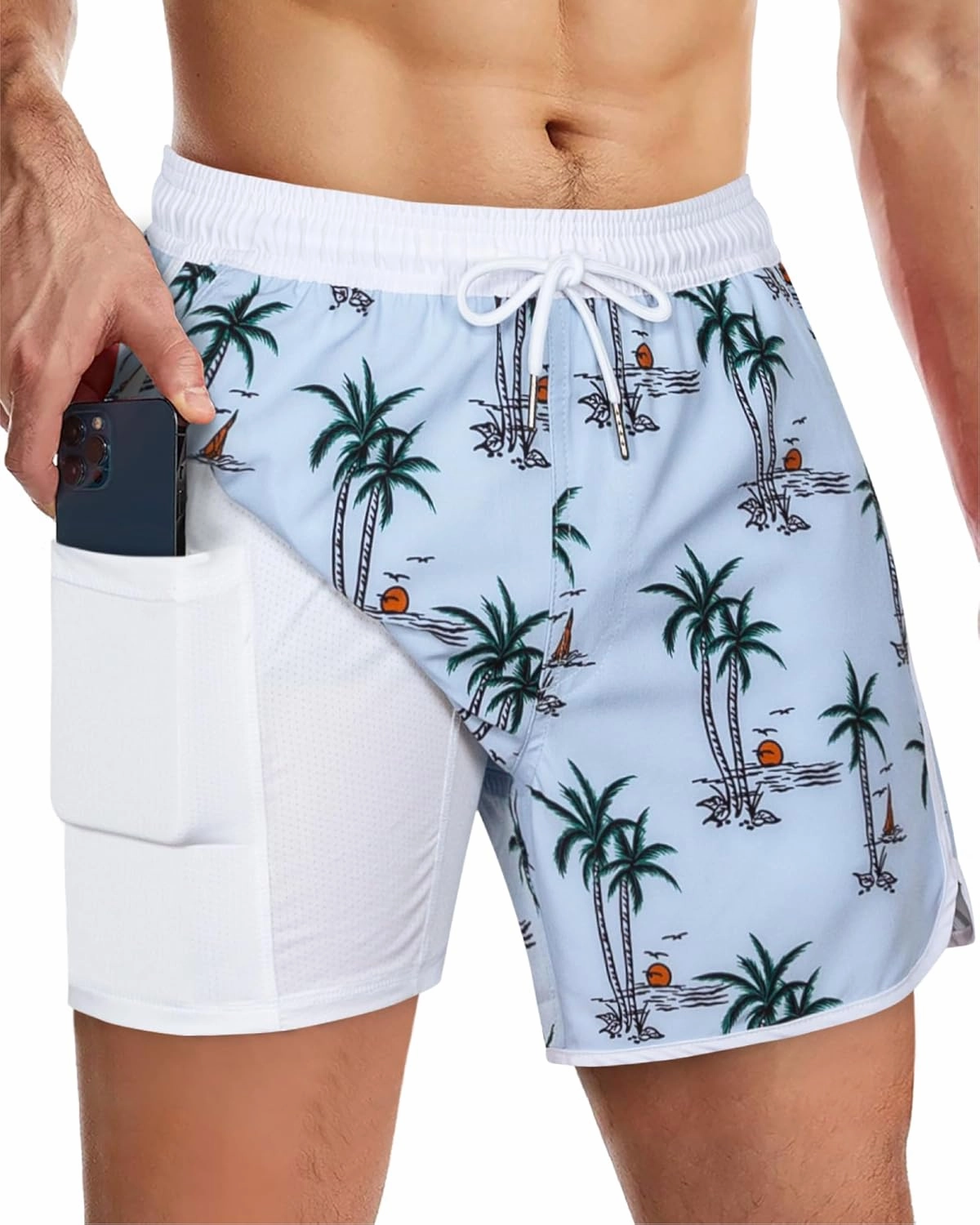 SURF CUZ Mens Swim Trunks with Compression Liner 5" Swimming Trunks 5 Inch Retro Swim Shorts with Zipper Pockets