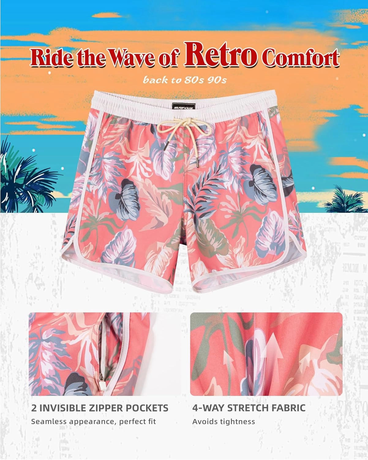 SURF CUZ Mens Swim Trunks with Compression Liner 5" Swimming Trunks 5 Inch Retro Swim Shorts with Zipper Pockets