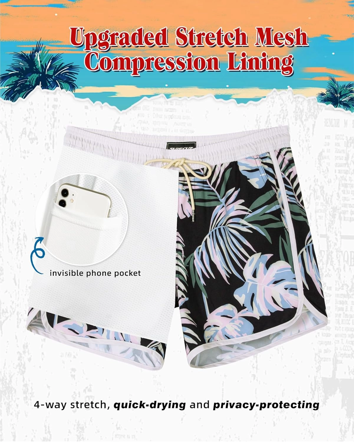 SURF CUZ Mens Swim Trunks with Compression Liner 5" Swimming Trunks 5 Inch Retro Swim Shorts with Zipper Pockets