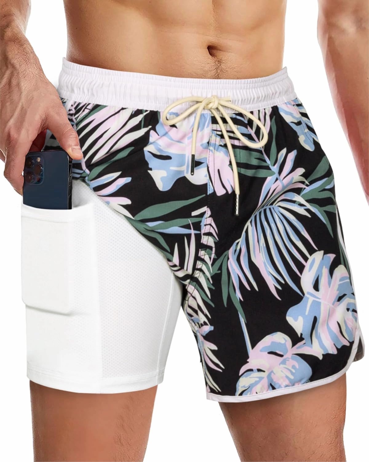 SURF CUZ Mens Swim Trunks with Compression Liner 5" Swimming Trunks 5 Inch Retro Swim Shorts with Zipper Pockets