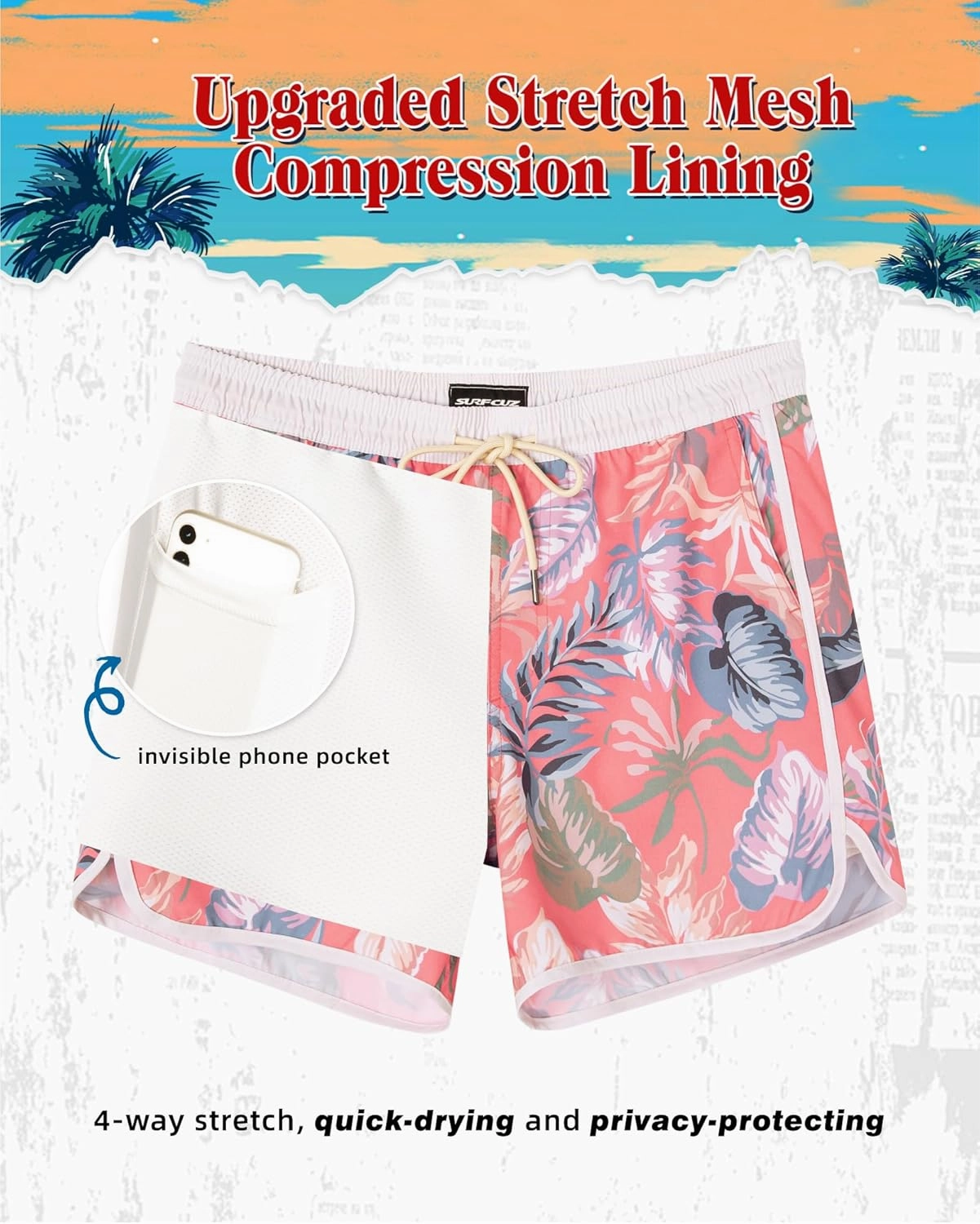 SURF CUZ Mens Swim Trunks with Compression Liner 5" Swimming Trunks 5 Inch Retro Swim Shorts with Zipper Pockets