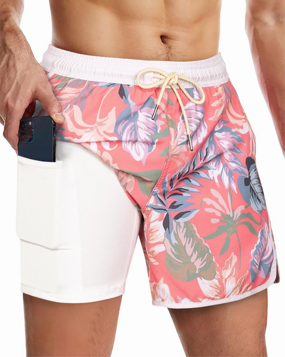 SURF CUZ Mens Swim Trunks with Compression Liner 5" Swimming Trunks 5 Inch Retro Swim Shorts with Zipper Pockets