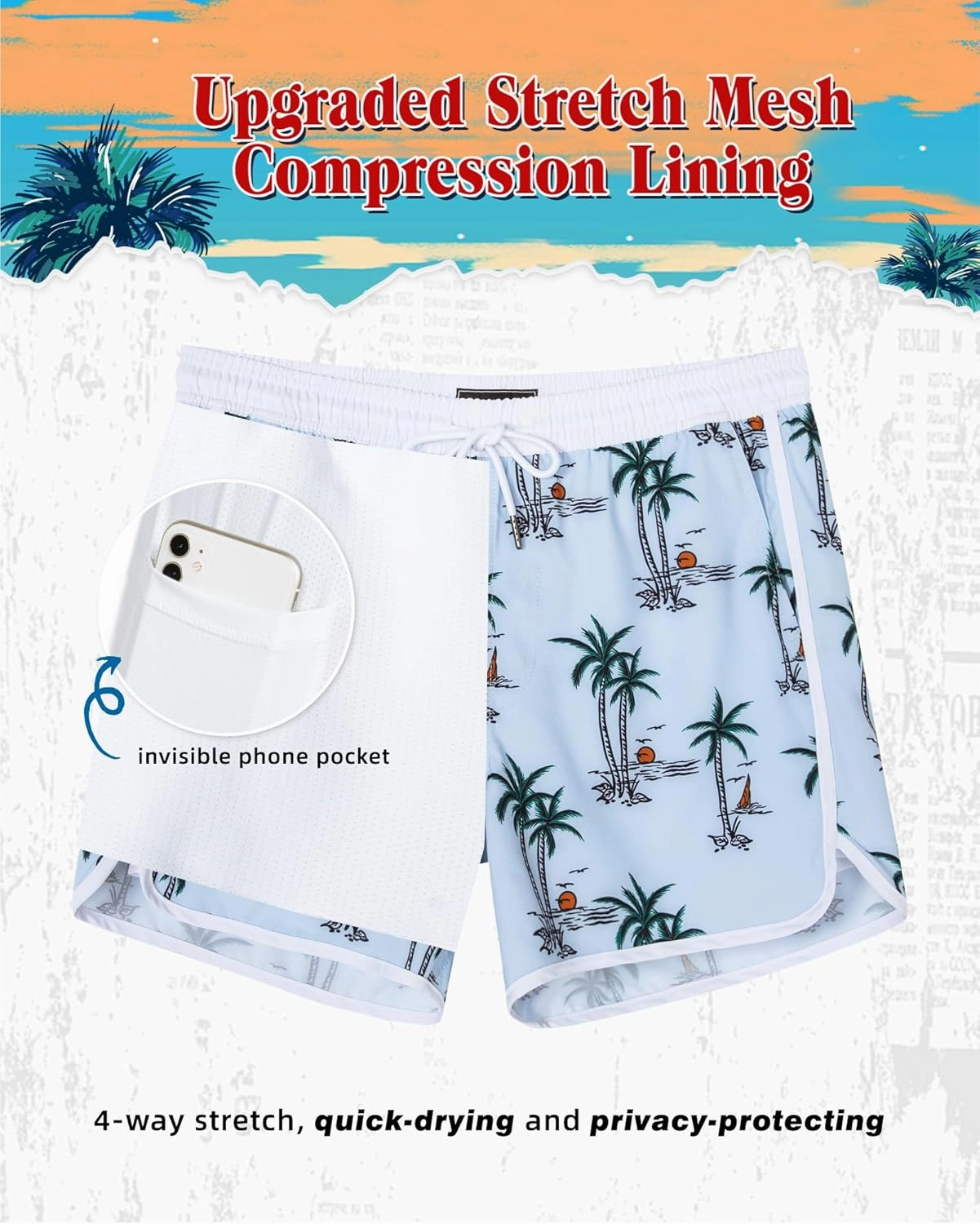 SURF CUZ Mens Swim Trunks with Compression Liner 5" Swimming Trunks 5 Inch Retro Swim Shorts with Zipper Pockets