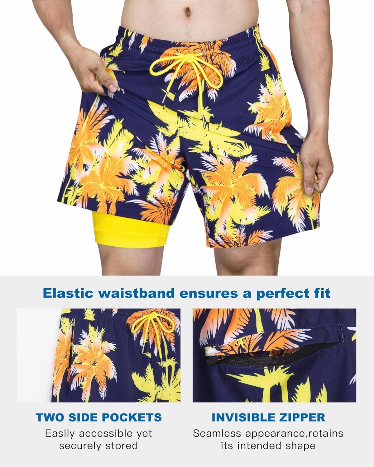 SURF CUZ Mens Swim Trunks with Compression Liner Quick Dry Swim Shorts 7" Swimming Trunks Stretch Bathing Suit 7 Inch