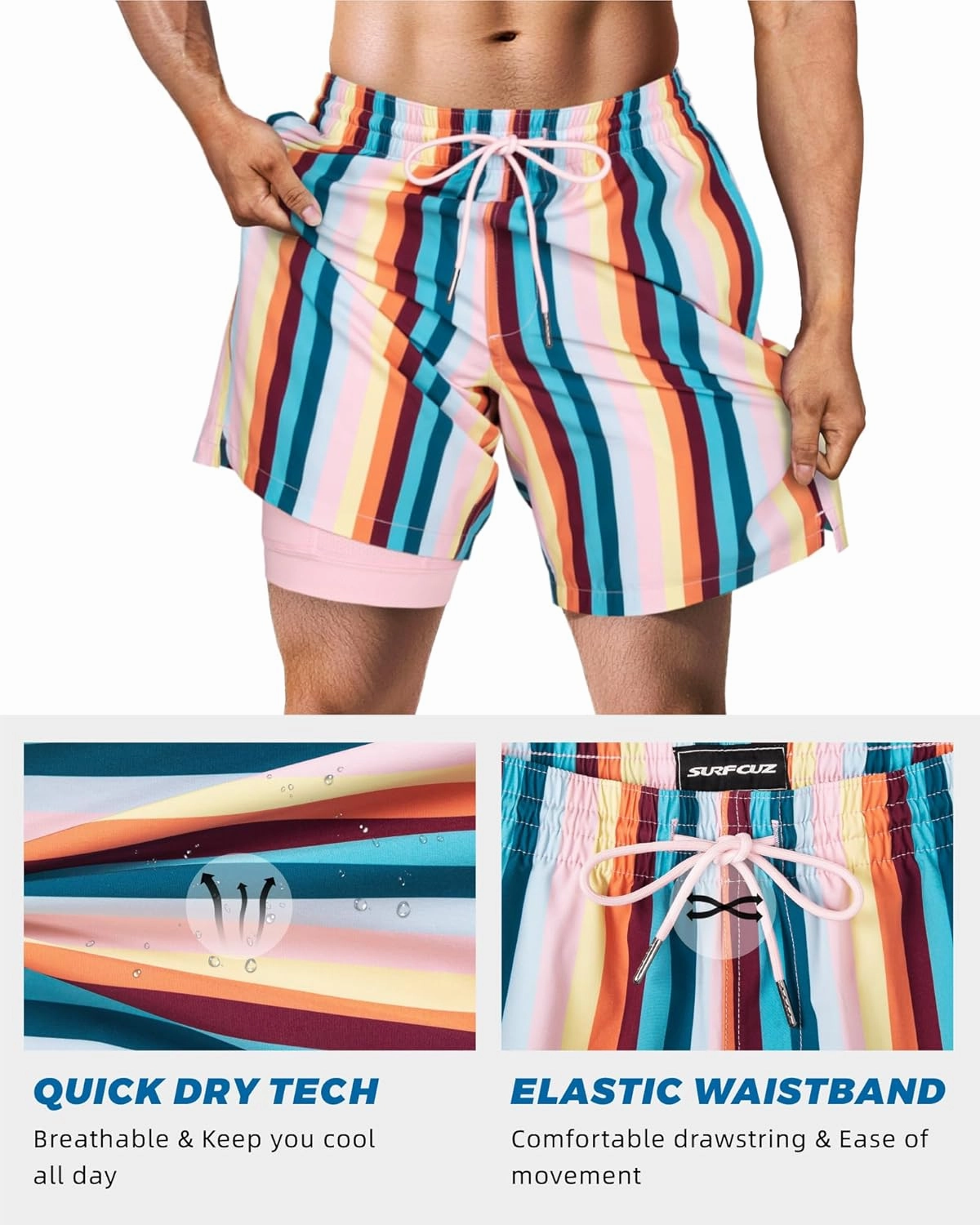 SURF CUZ Mens Swim Trunks with Compression Liner Swim Shorts 7" Swimming Trunks Stretch 7 Inch Swim Suits Quick Dry
