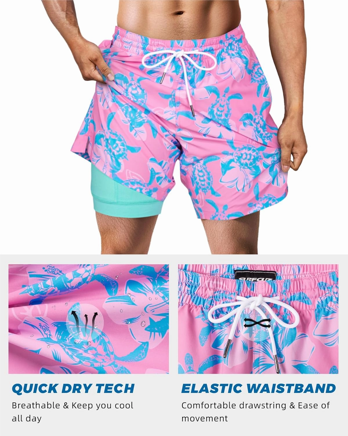 SURF CUZ Mens Swim Trunks with Compression Liner Swim Shorts 7" Swimming Trunks Stretch 7 Inch Swim Suits Quick Dry