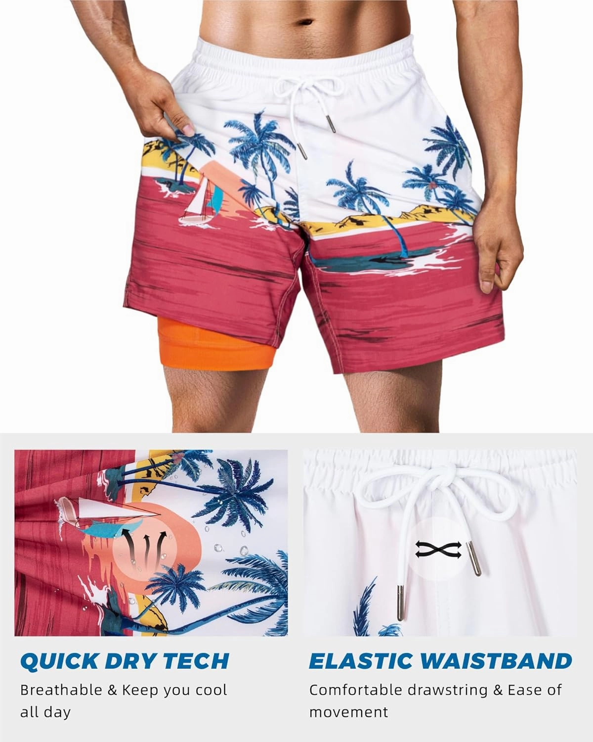 SURF CUZ Mens Swim Trunks with Compression Liner Swim Shorts 7" Swimming Trunks Stretch 7 Inch Swim Suits Quick Dry