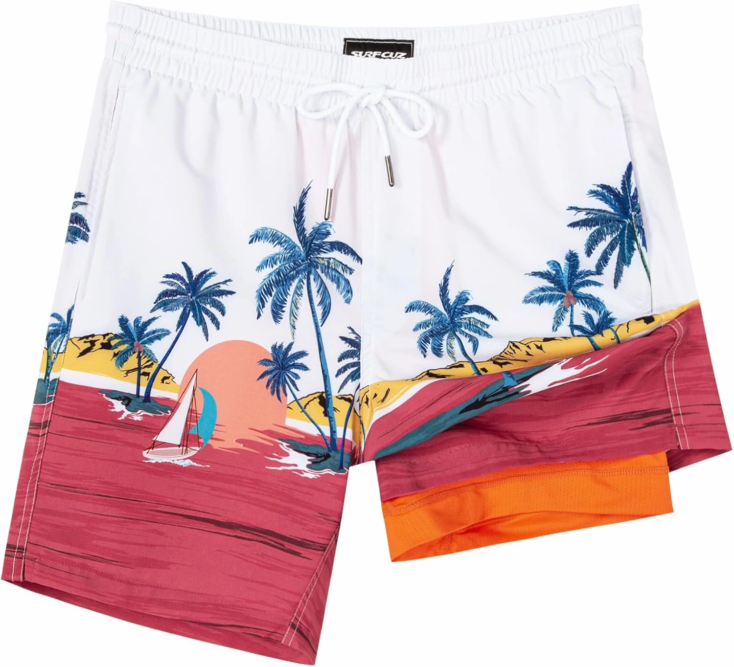 SURF CUZ Mens Swim Trunks with Compression Liner Swim Shorts 7" Swimming Trunks Stretch 7 Inch Swim Suits Quick Dry