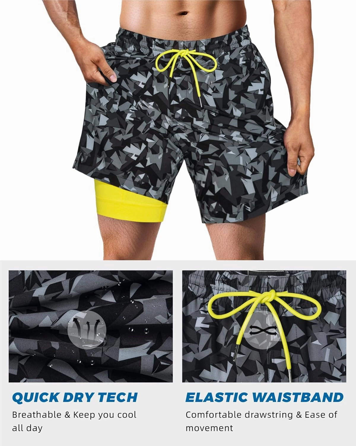 SURF CUZ Mens Swim Trunks with Compression Liner Swim Shorts 7" Swimming Trunks Stretch 7 Inch Swim Suits Quick Dry