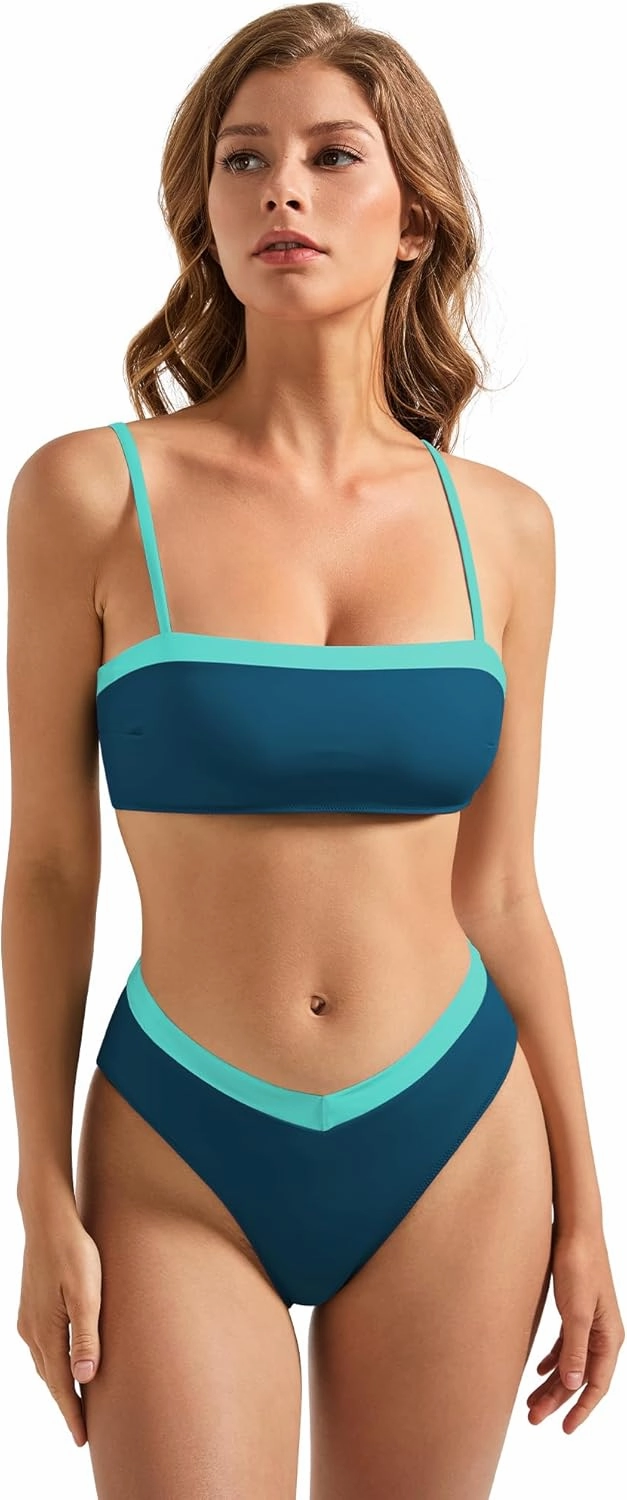 SUUKSESS Women Bandeau High Waited 2 Piece Bikini Set Cheeky High Cut Swimsuit