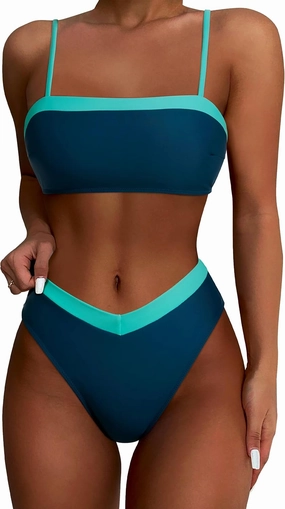 SUUKSESS Women Bandeau High Waited 2 Piece Bikini Set Cheeky High Cut Swimsuit