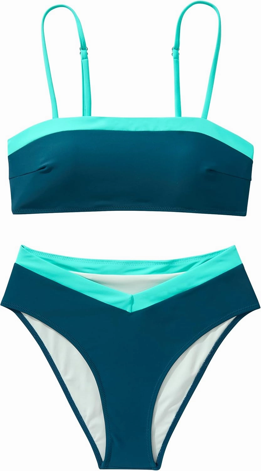 SUUKSESS Women Bandeau High Waited 2 Piece Bikini Set Cheeky High Cut Swimsuit