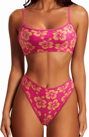 SUUKSESS Women High Waisted 2 Piece Bikini Set Cheeky High Cut Bandeau Swimsuit