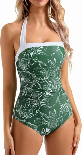 SUUKSESS Women Sexy Tummy Control One Piece Swimsuit Halter Retro Bathing Suit