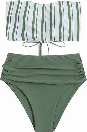 SweatyRocks Women's Bathing Suits Striped Bandeau Bikini high Waisted Swimsuits Swimwear Set
