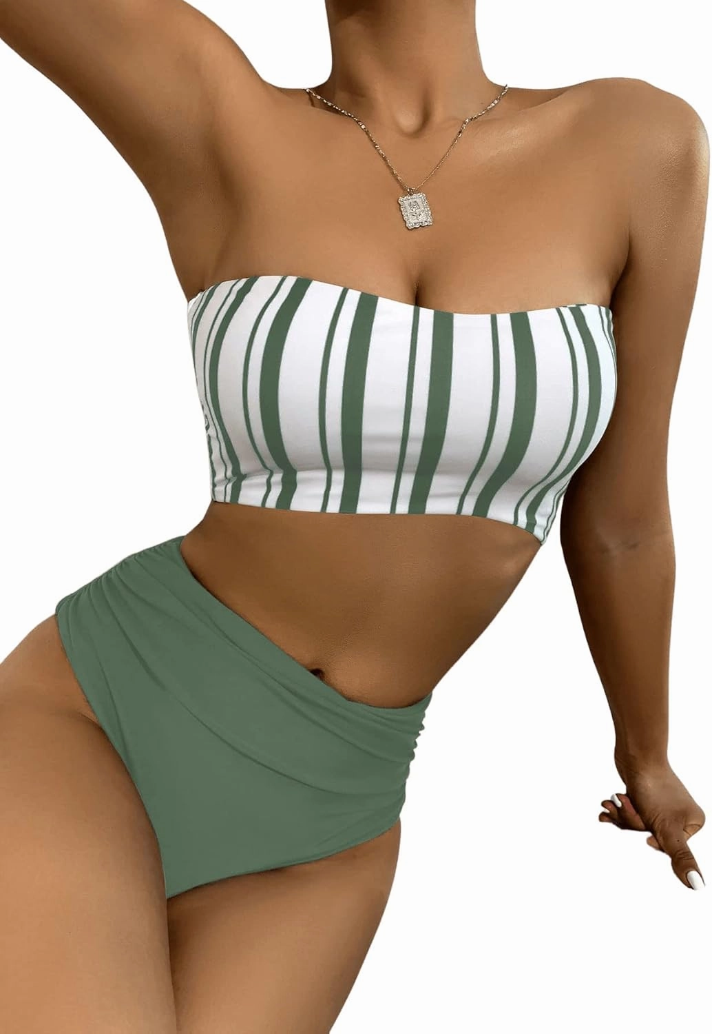 SweatyRocks Women's Bathing Suits Striped Bandeau Bikini high Waisted Swimsuits Swimwear Set