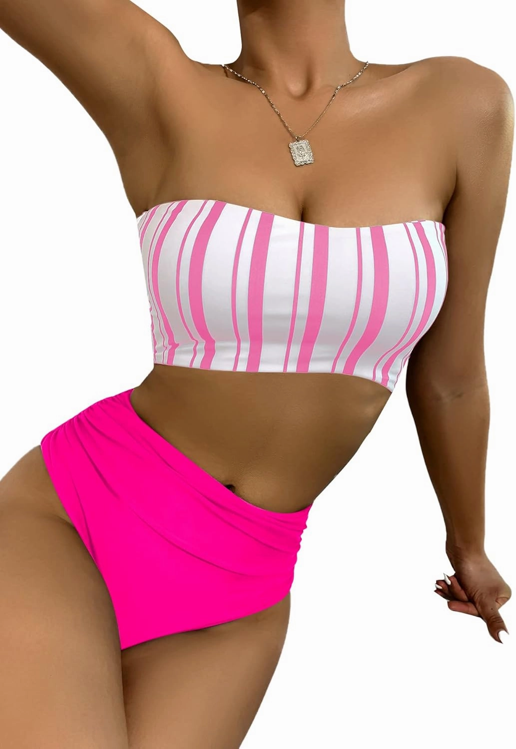 SweatyRocks Women's Bathing Suits Striped Bandeau Bikini high Waisted Swimsuits Swimwear Set