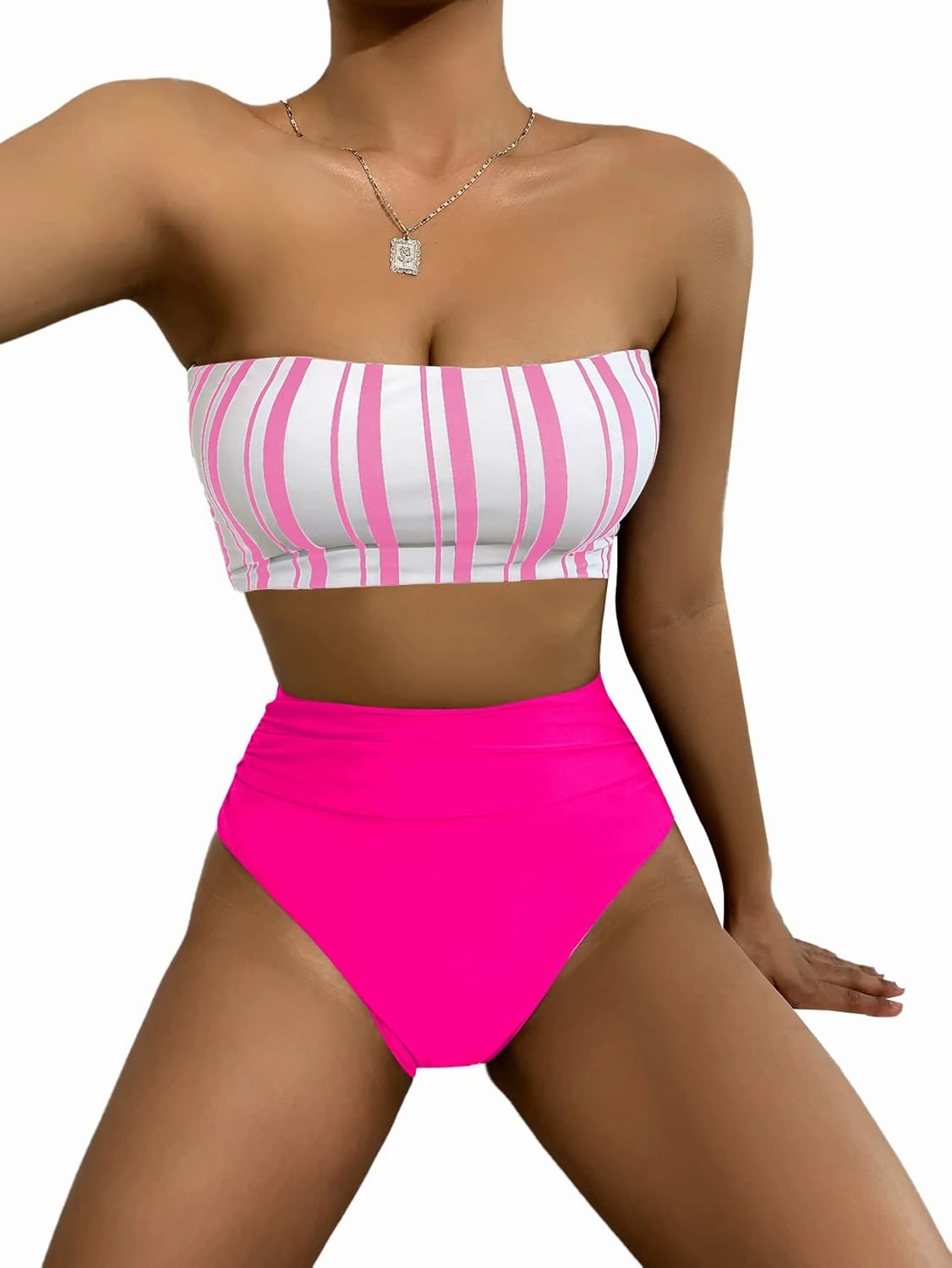 SweatyRocks Women's Bathing Suits Striped Bandeau Bikini high Waisted Swimsuits Swimwear Set