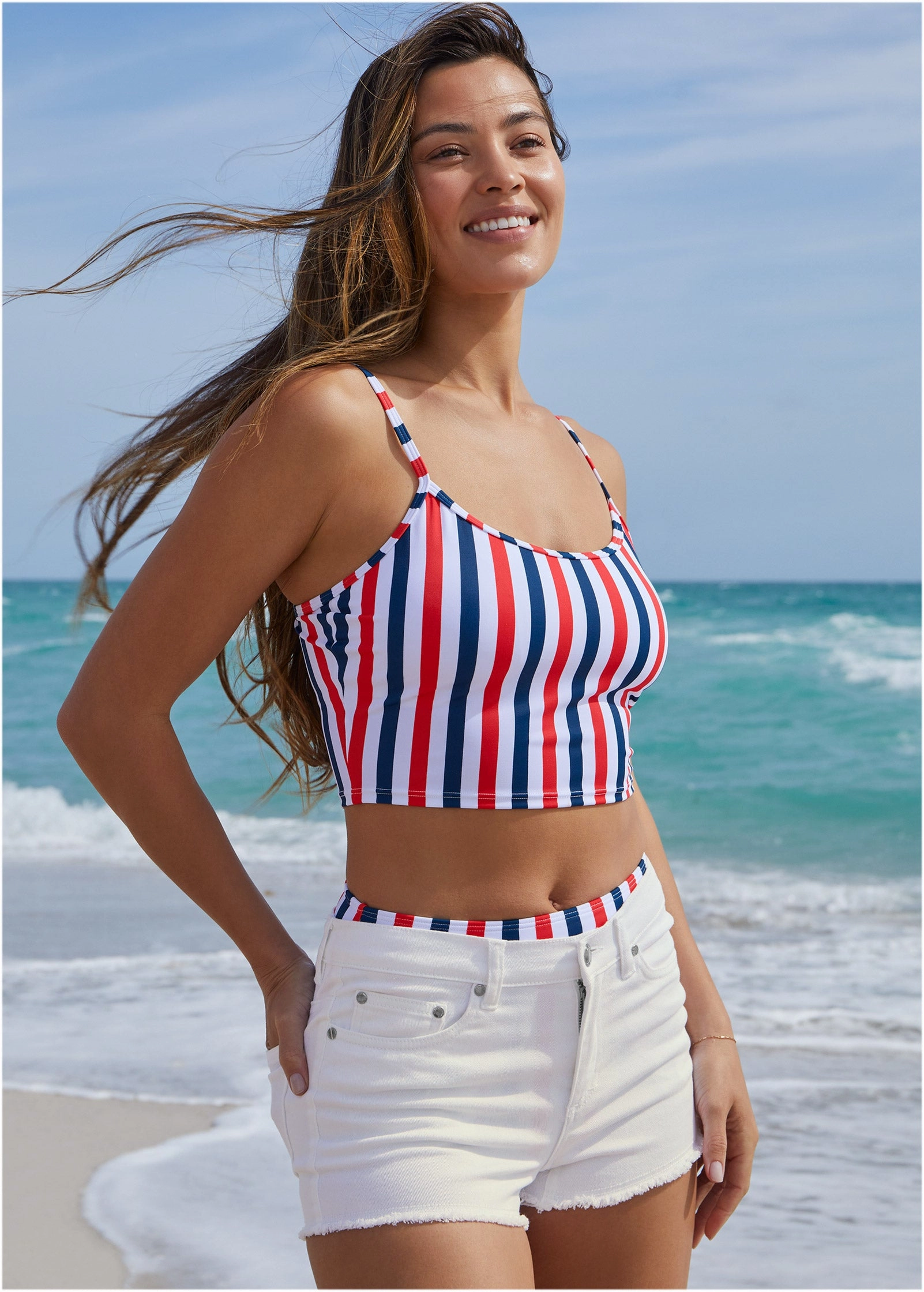 Swim Crop Tankini - Americana Stripe Large