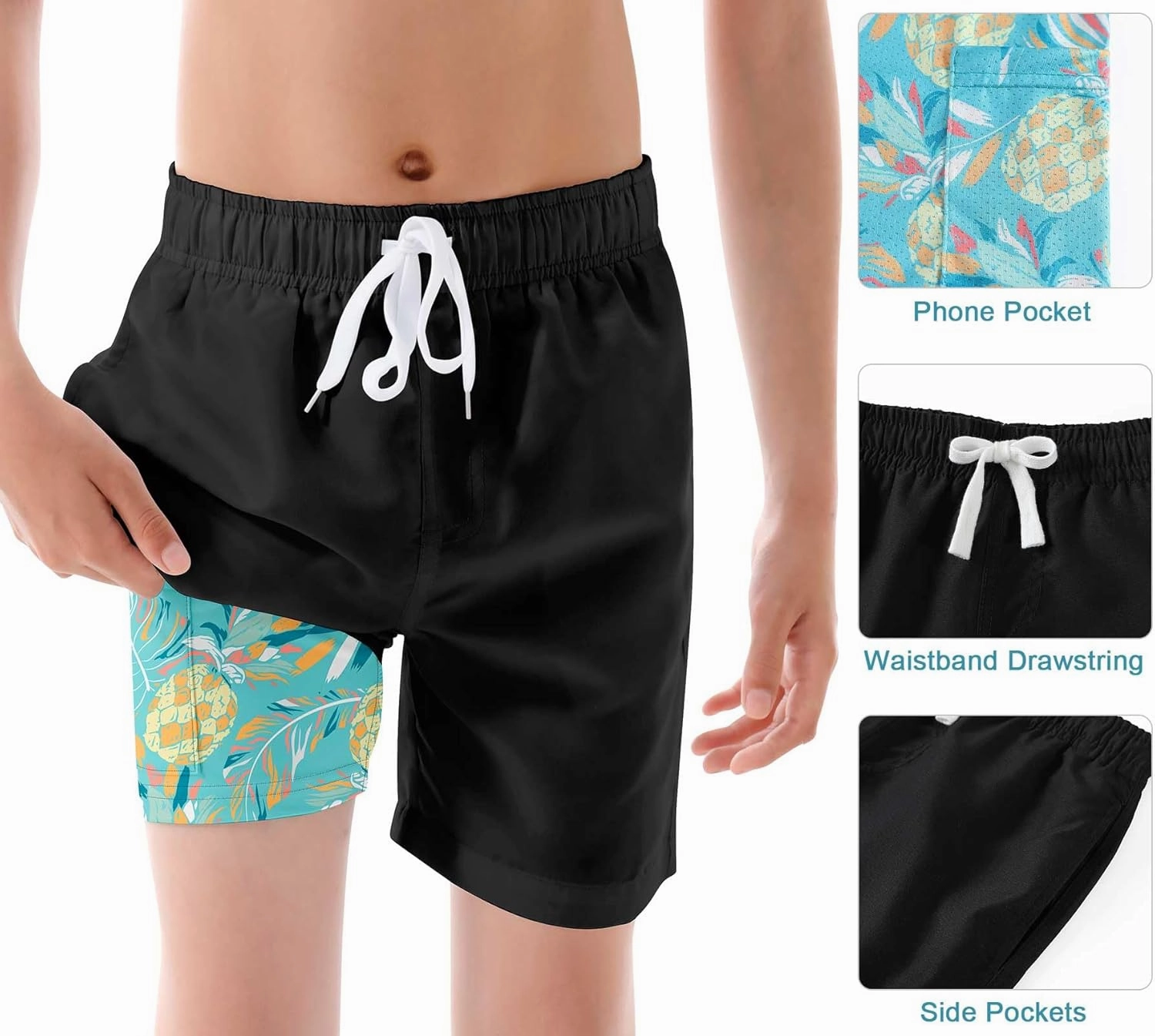 Swim Trumks for Boys 2 in 1 Bathing Suit Compress Board Shorts for 7-18T