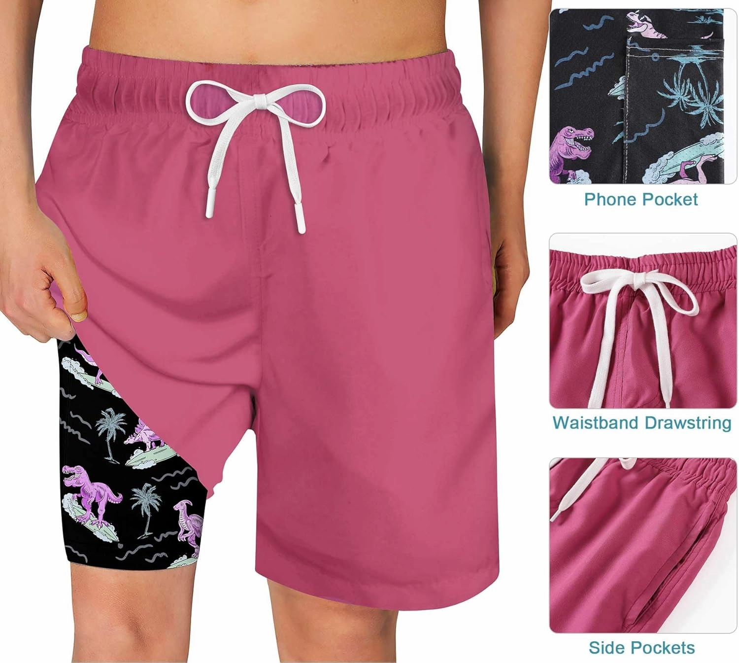 Swim Trumks for Boys 2 in 1 Bathing Suit Compress Board Shorts for 7-18T