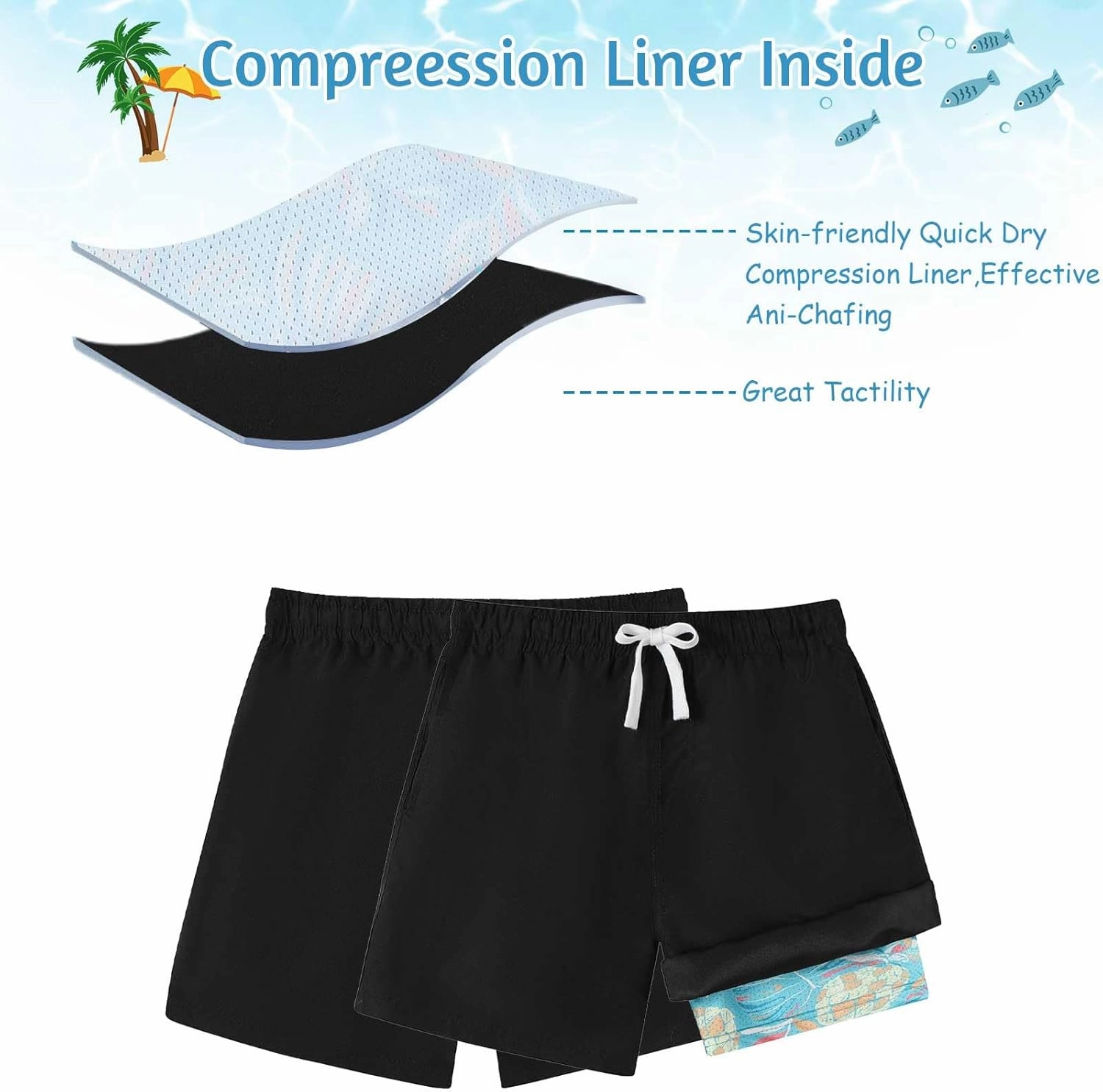Swim Trumks for Boys 2 in 1 Bathing Suit Compress Board Shorts for 7-18T