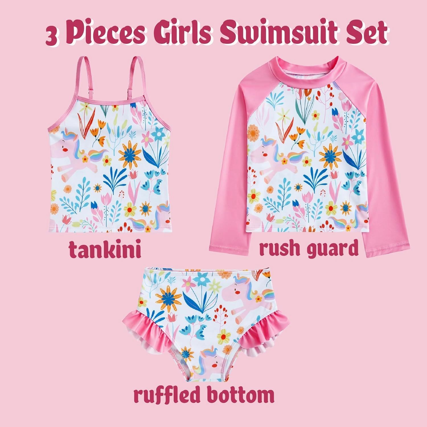 swimsobo Girls 3-Piece Swimsuit Long Sleeve Rash Guard Tankini Sets UPF Sun Proction Bathing Suit 3-10T