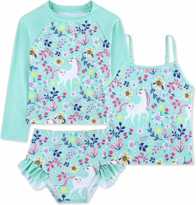 swimsobo Girls 3-Piece Swimsuit Long Sleeve Rash Guard Tankini Sets UPF Sun Proction Bathing Suit 3-10T