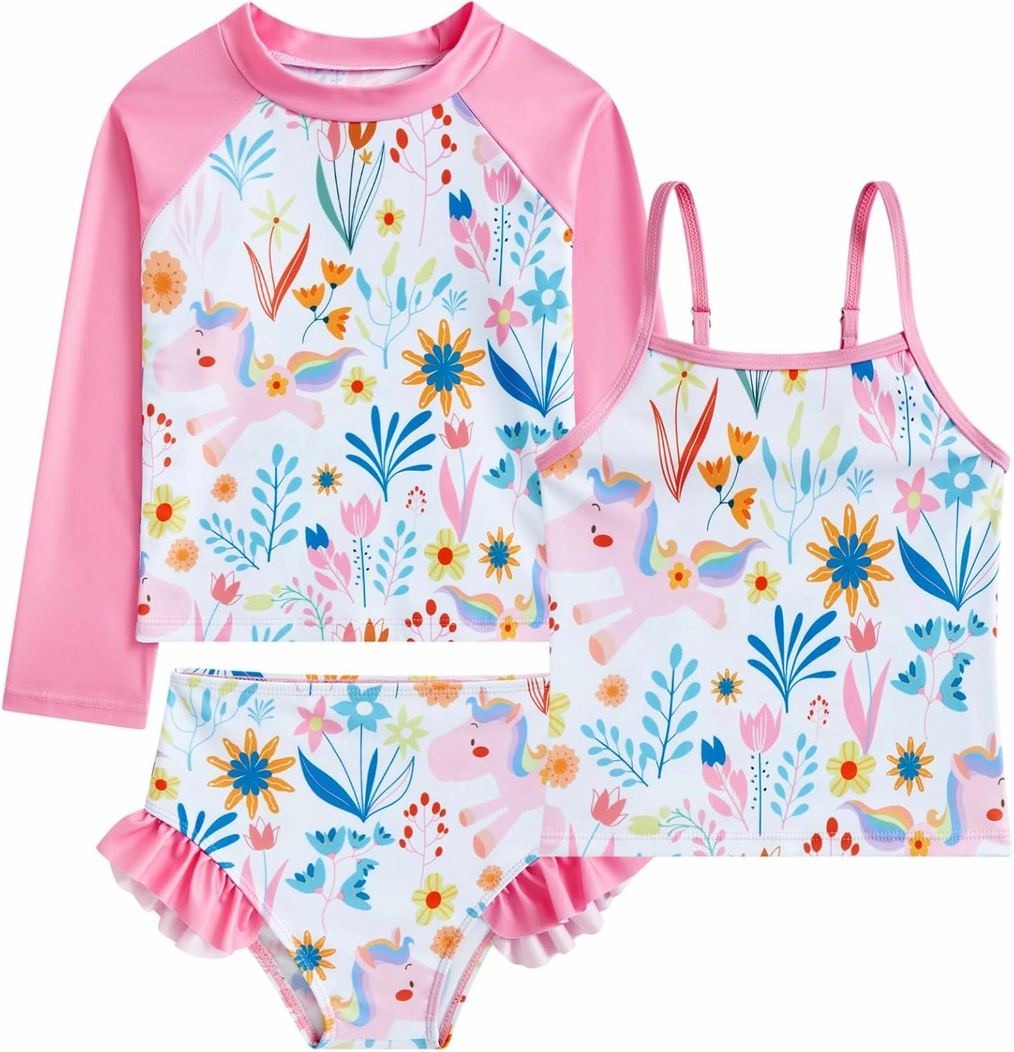 swimsobo Girls 3-Piece Swimsuit Long Sleeve Rash Guard Tankini Sets UPF Sun Proction Bathing Suit 3-10T