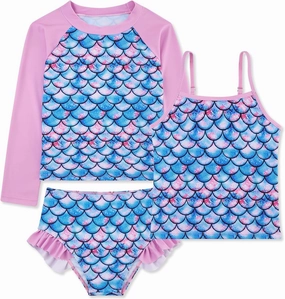swimsobo Girls 3-Piece Swimsuit Long Sleeve Rash Guard Tankini Sets UPF Sun Proction Bathing Suit 3-10T