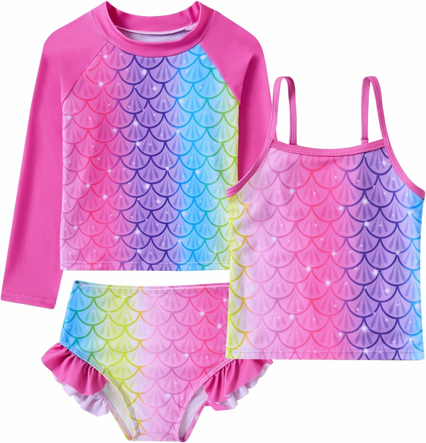 swimsobo Girls 3-Piece Swimsuit Long Sleeve Rash Guard Tankini Sets UPF Sun Proction Bathing Suit 3-10T