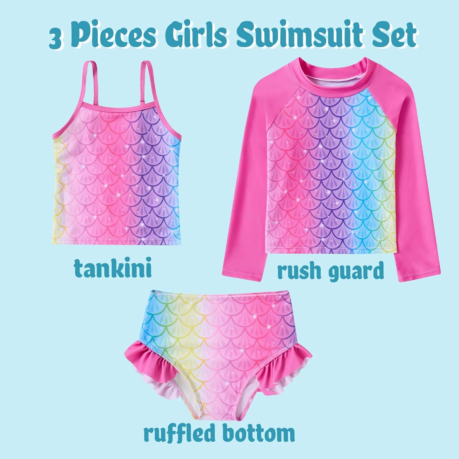 swimsobo Girls 3-Piece Swimsuit Long Sleeve Rash Guard Tankini Sets UPF Sun Proction Bathing Suit 3-10T