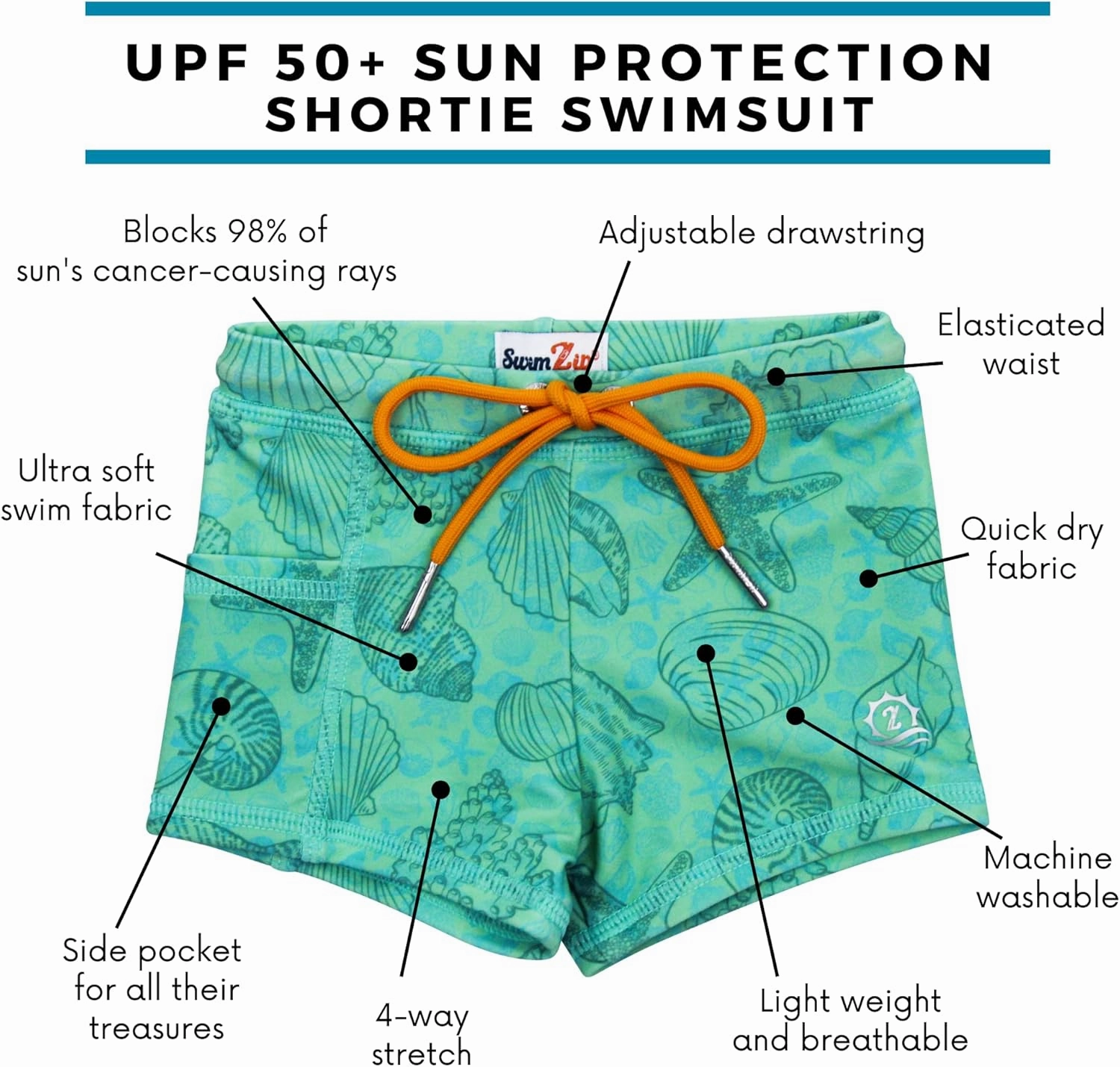 SwimZip Shorties - UPF 50  Swim Shorts - Baby, Toddler, and Kids - Boys' or Girls